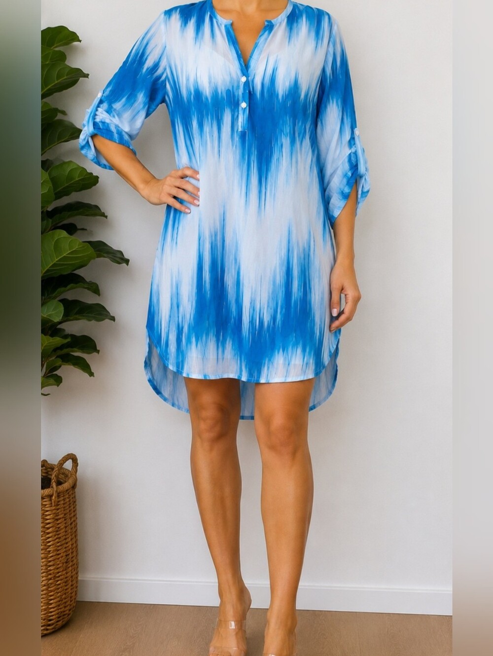 Natori Blue & White Tie-Dye Swim Coverup Tunic